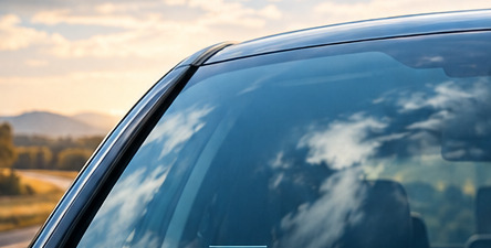 Sunlit car windshield reflecting clouds above a rural road